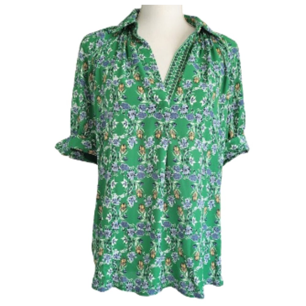 MAX STUDIO Green Blue & White Short Sleeve Floral Top - NWT Women's S